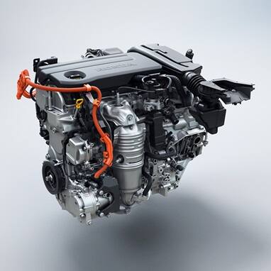 2026 Honda Civic Hatchback detail of the hybrid engine powertrain (Compact Hatchback).