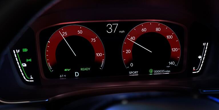2026 Honda Civic Hatchback Sport Touring Hybrid digital instrument cluster with red gauges and speedometer (Compact Hatchback).