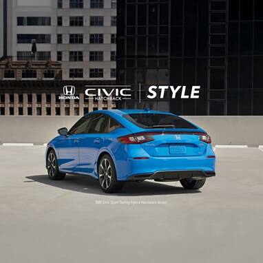 2026 Honda Civic Hatchback Sport Touring Hybrid in Boost Blue Pearl back parked on a rooftop parking lot in the city (Compact Hatchback).