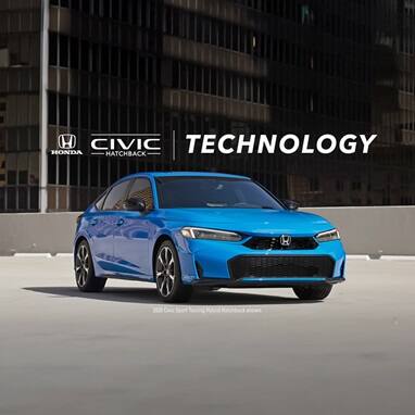 2026 Honda Civic Hatchback Sport Touring Hybrid in Boost Blue Pearl front parked on a rooftop parking lot(Compact Hatchback).